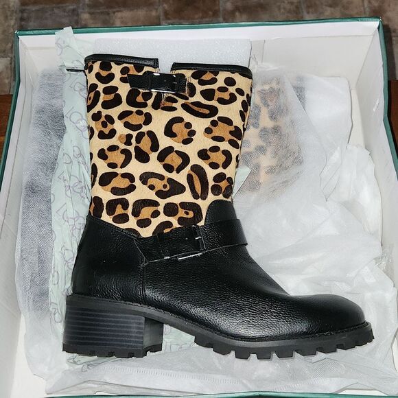 Logo Lori Goldstein Paige Leopard Calfskin Leather Moto Boots Sz 9.5 - Picture 1 of 2